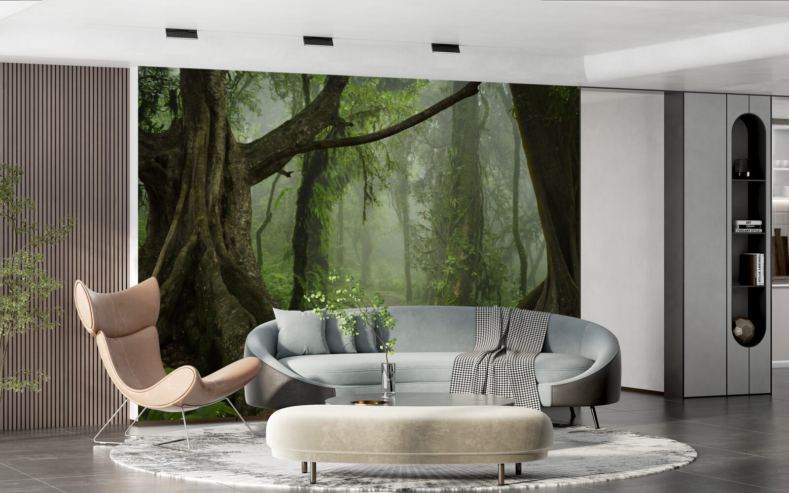 Papier peint chemin mystique entouré d'une forêt luxuriante