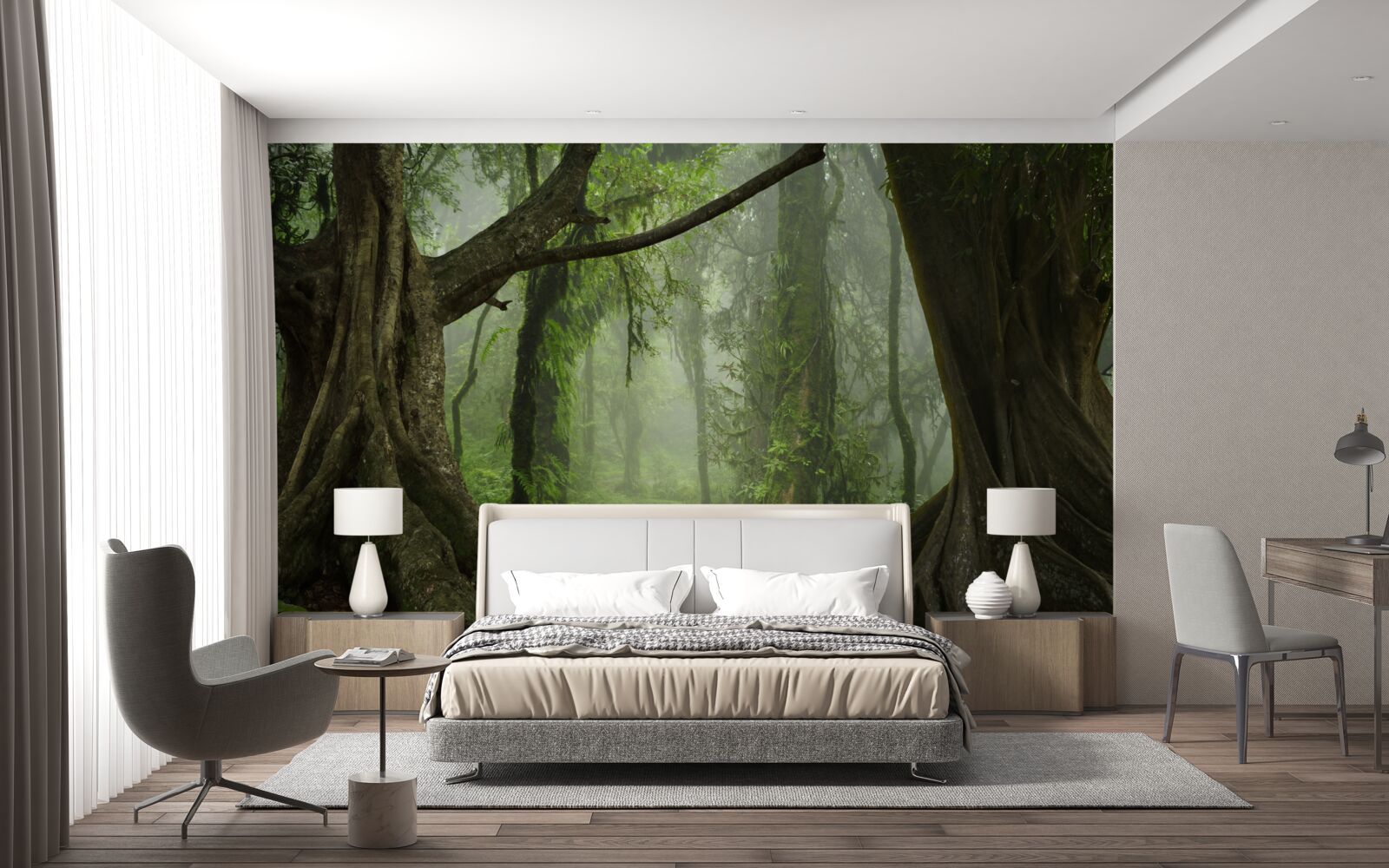 Papier peint chemin mystique entouré d'une forêt luxuriante