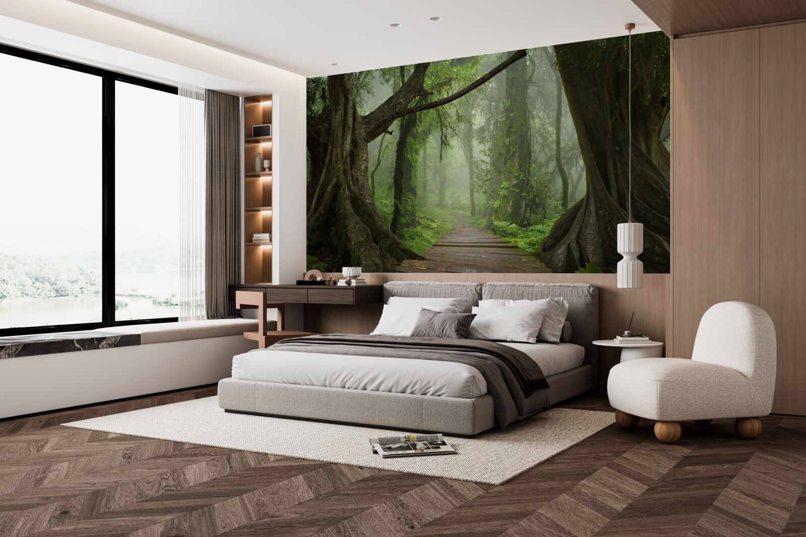 Papier peint chemin mystique entouré d'une forêt luxuriante