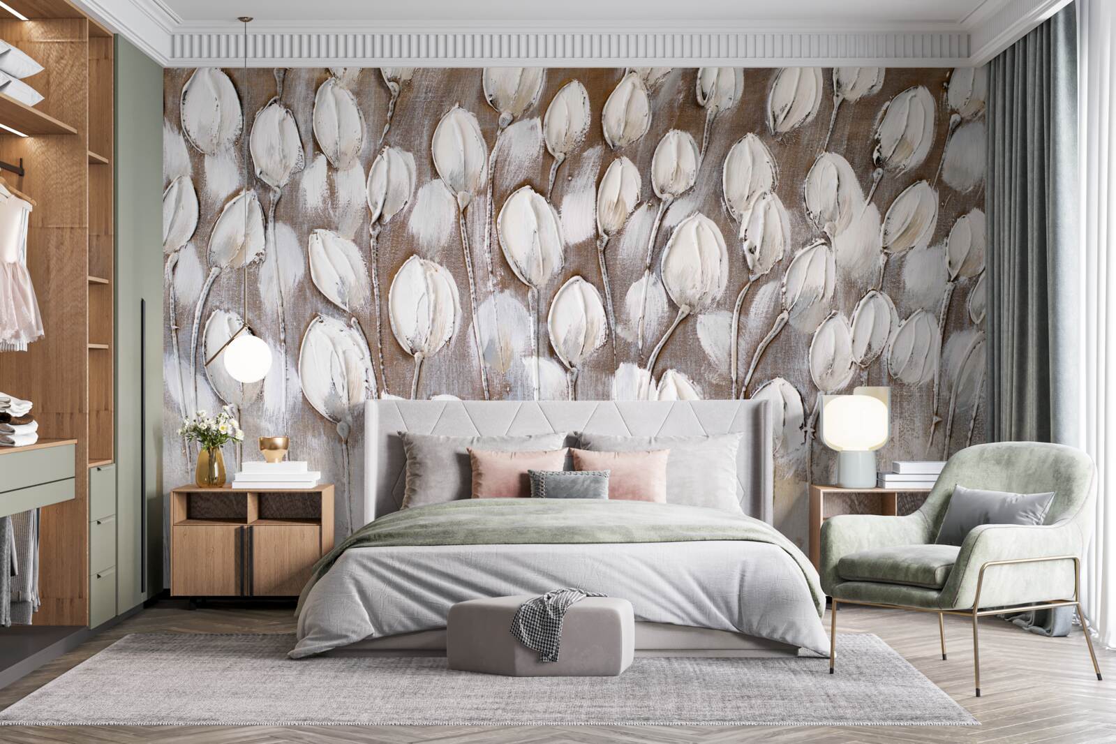 Papier peint les tulipes blanches dans le champ ne se sont pas encore ouvertes