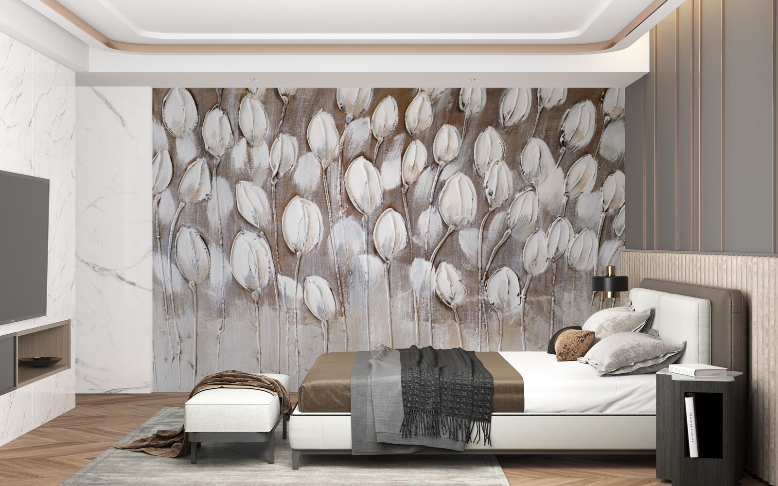 Papier peint les tulipes blanches dans le champ ne se sont pas encore ouvertes