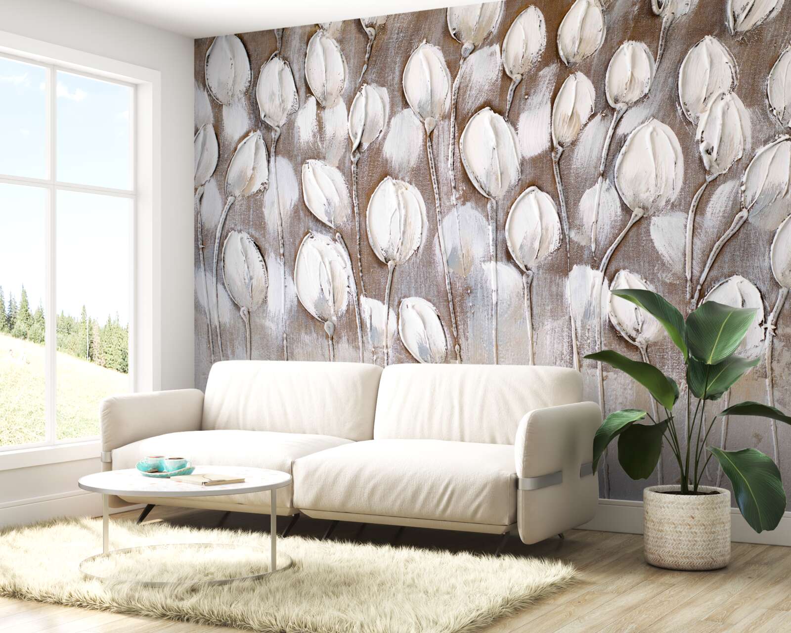 Papier peint les tulipes blanches dans le champ ne se sont pas encore ouvertes