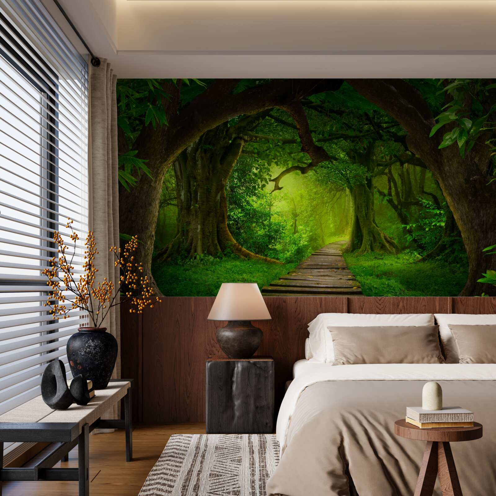 Papier peint chemin dégagé parmi les arbres de la forêt ancienne