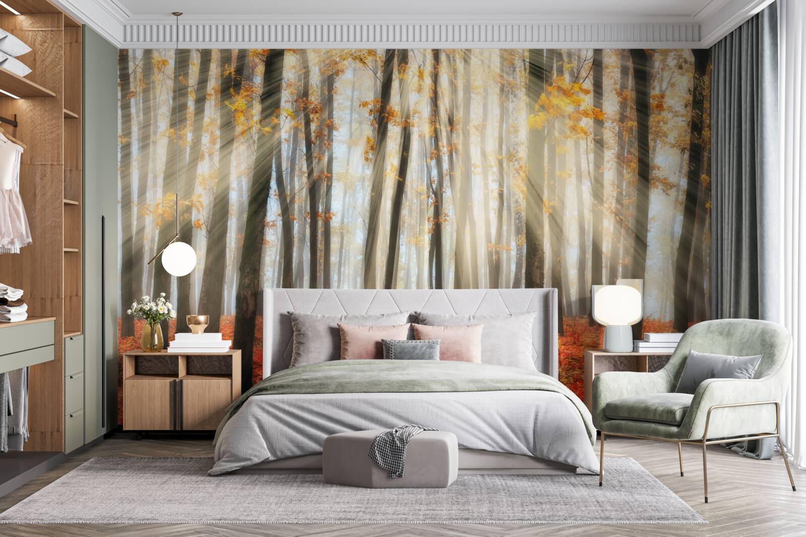 Papier peint le soleil et les gracieux arbres d'automne qui ont perdu leurs feuilles