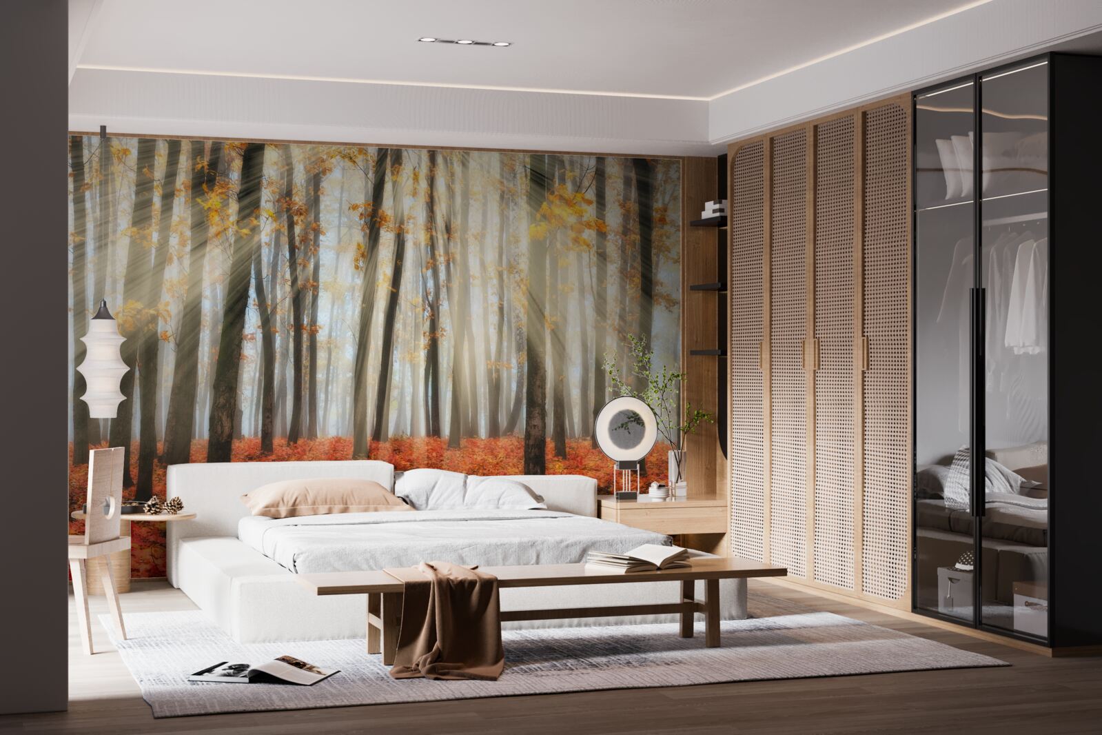 Papier peint le soleil et les gracieux arbres d'automne qui ont perdu leurs feuilles