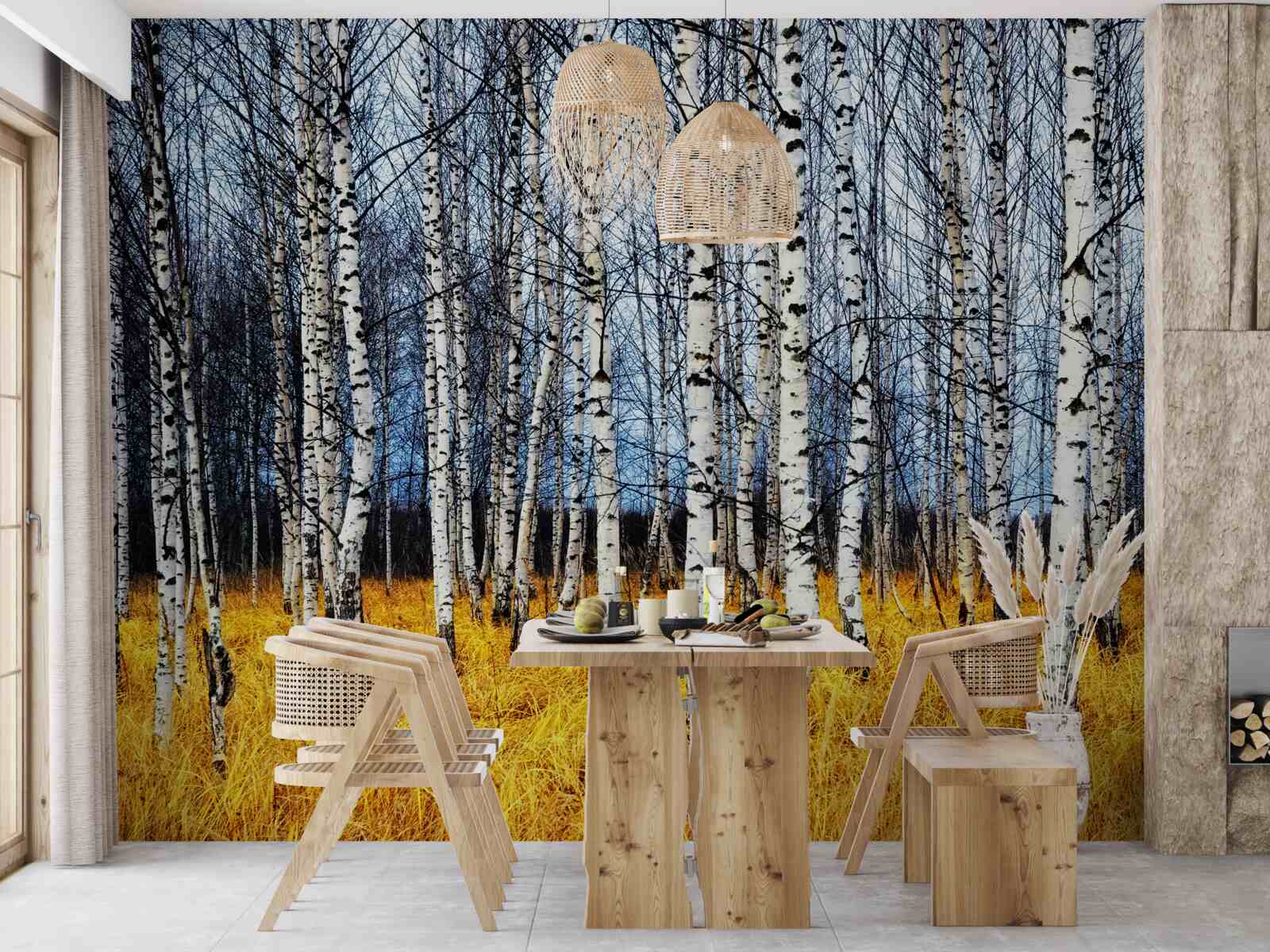 Papier peint feuilles de bouleau tombées sur fond d'herbe forestière jaunissante