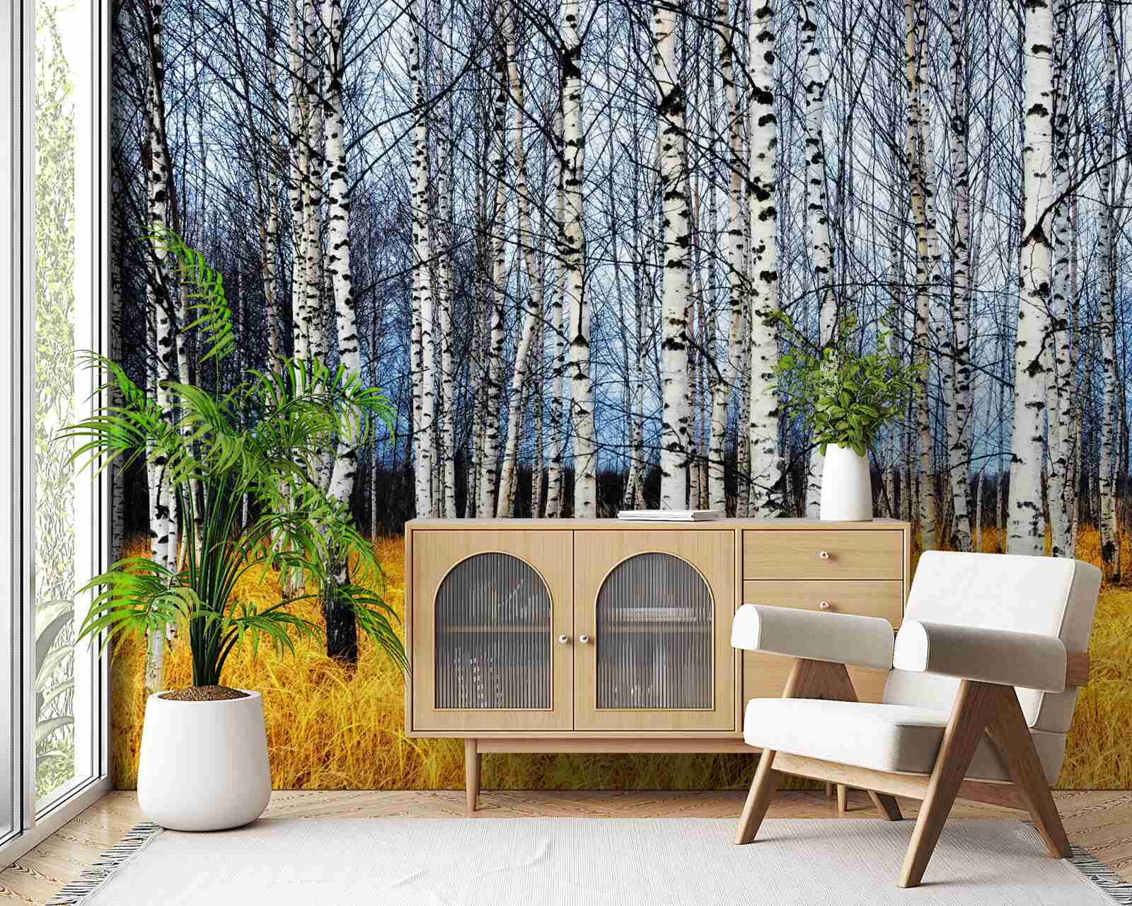 Papier peint feuilles de bouleau tombées sur fond d'herbe forestière jaunissante