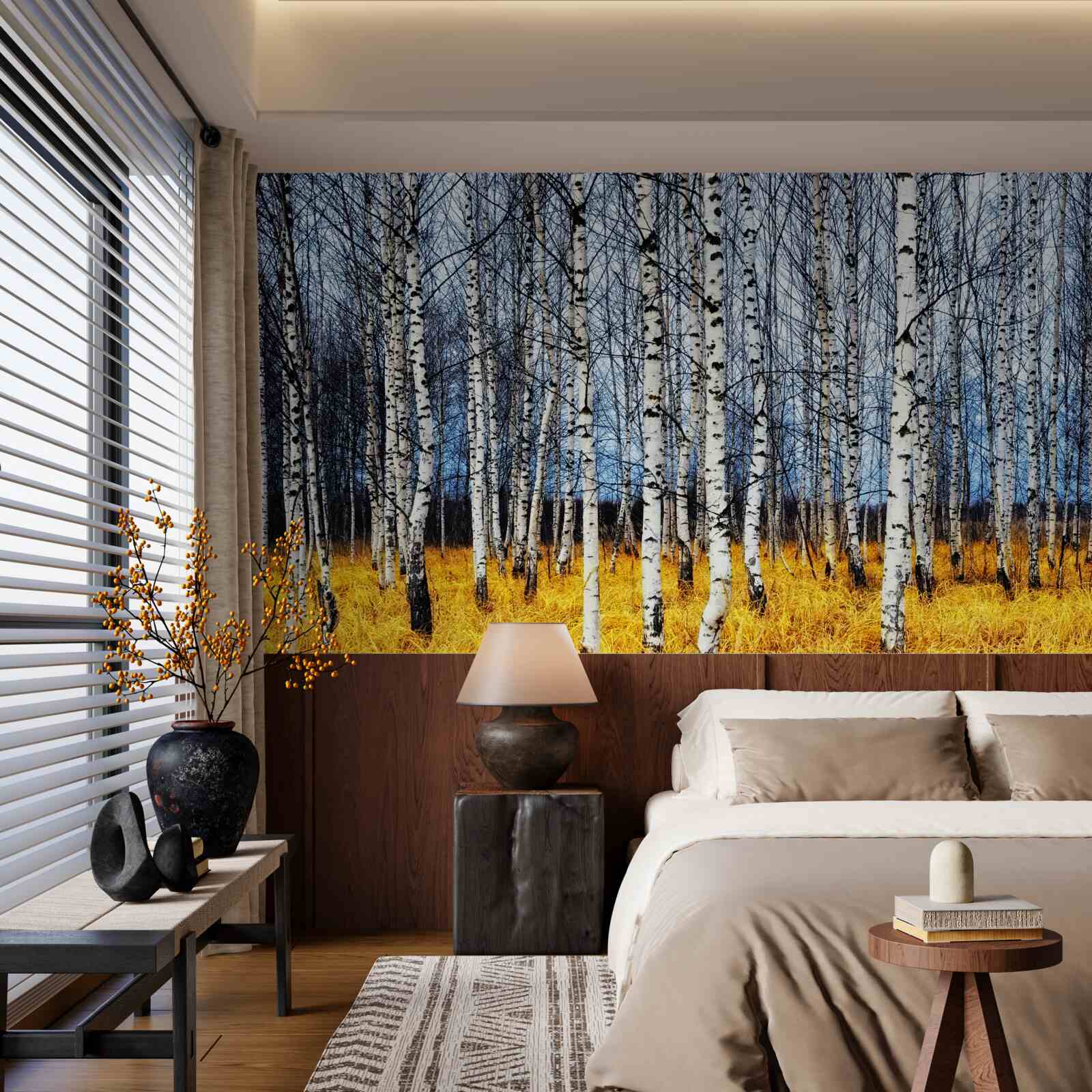 Papier peint feuilles de bouleau tombées sur fond d'herbe forestière jaunissante