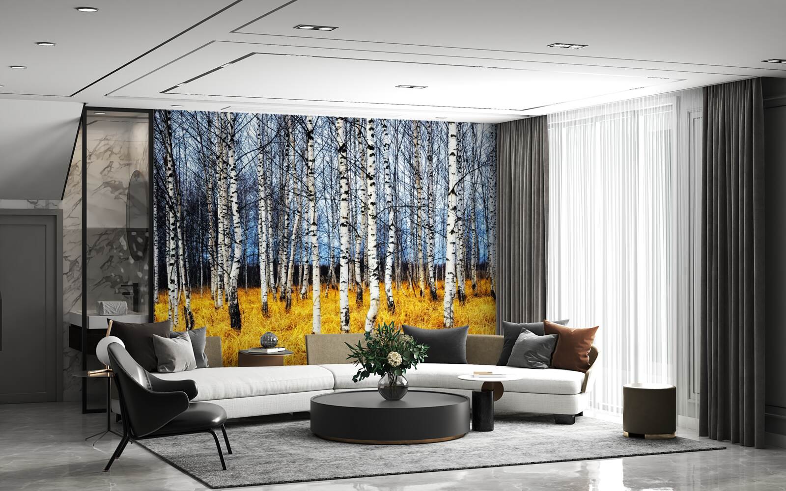 Papier peint feuilles de bouleau tombées sur fond d'herbe forestière jaunissante