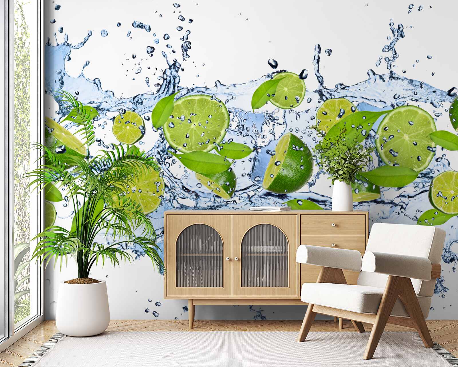 Papier peint citrons verts coupés en tranches et plongés dans l'eau