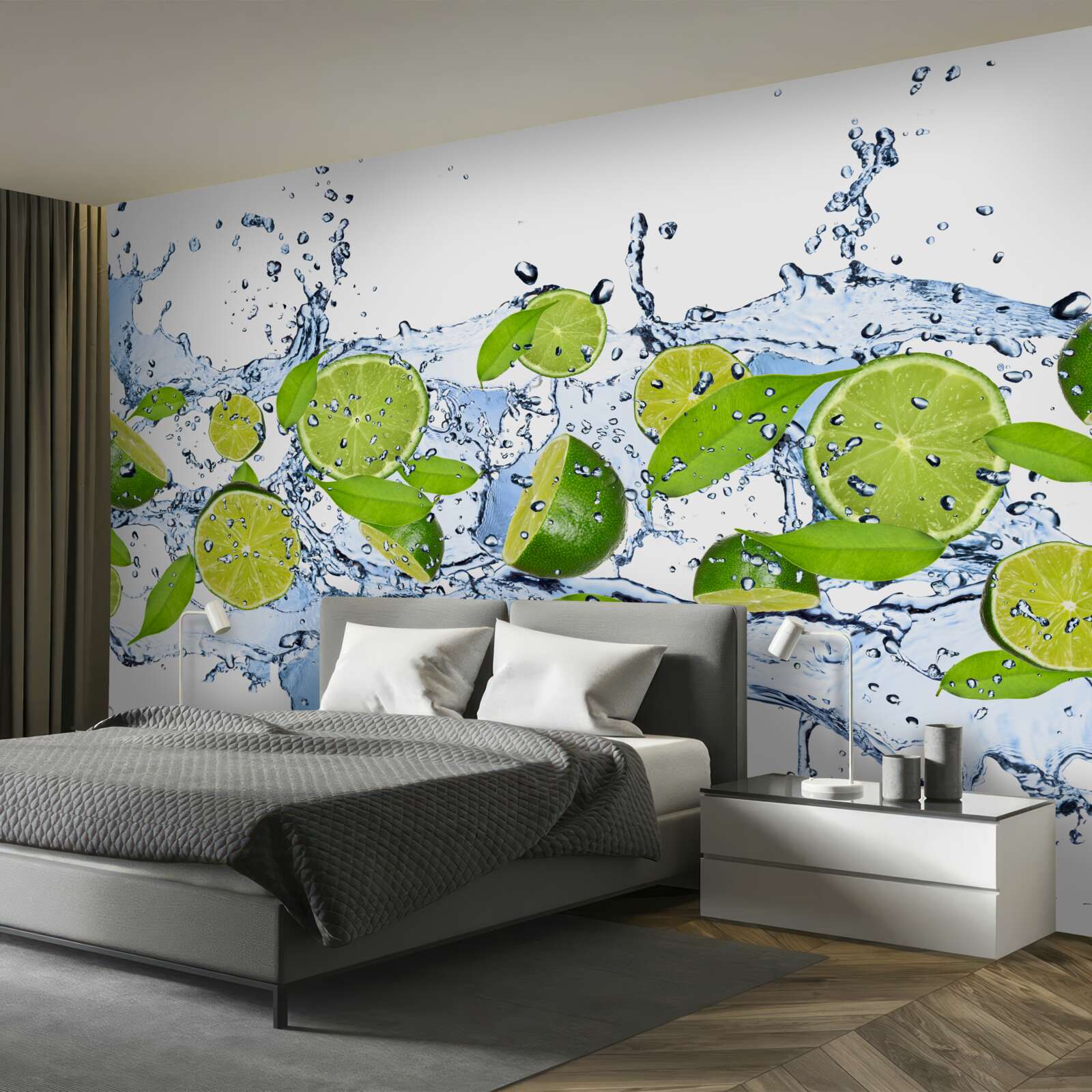 Papier peint citrons verts coupés en tranches et plongés dans l'eau