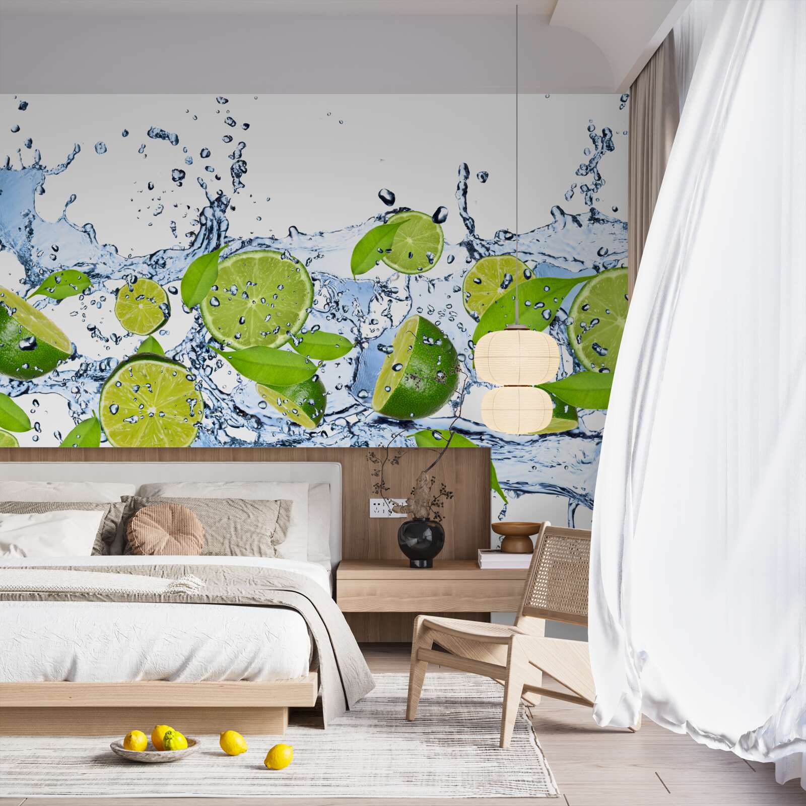 Papier peint citrons verts coupés en tranches et plongés dans l'eau