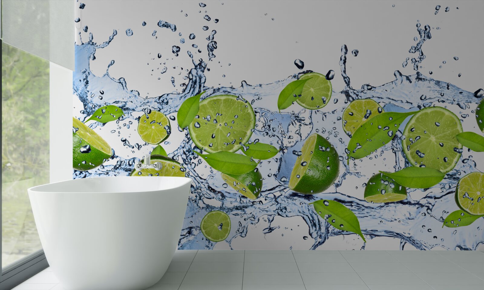 Papier peint citrons verts coupés en tranches et plongés dans l'eau