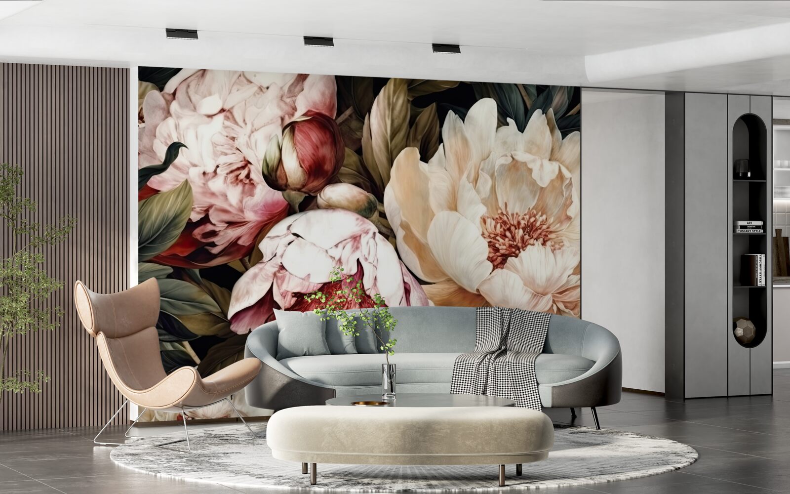 Papier peint grandes fleurs à boutons blancs