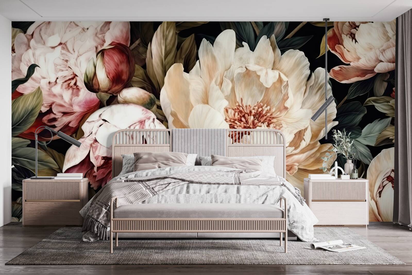 Papier peint grandes fleurs à boutons blancs