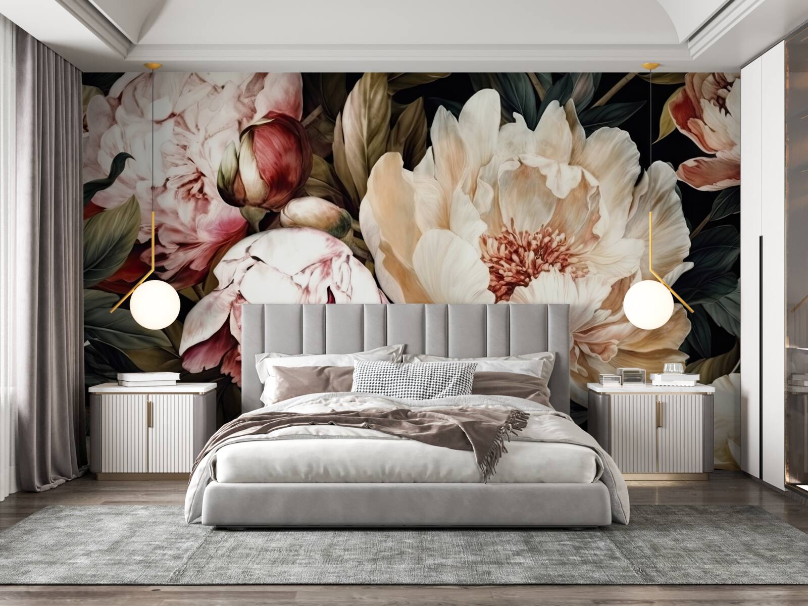 Papier peint grandes fleurs à boutons blancs