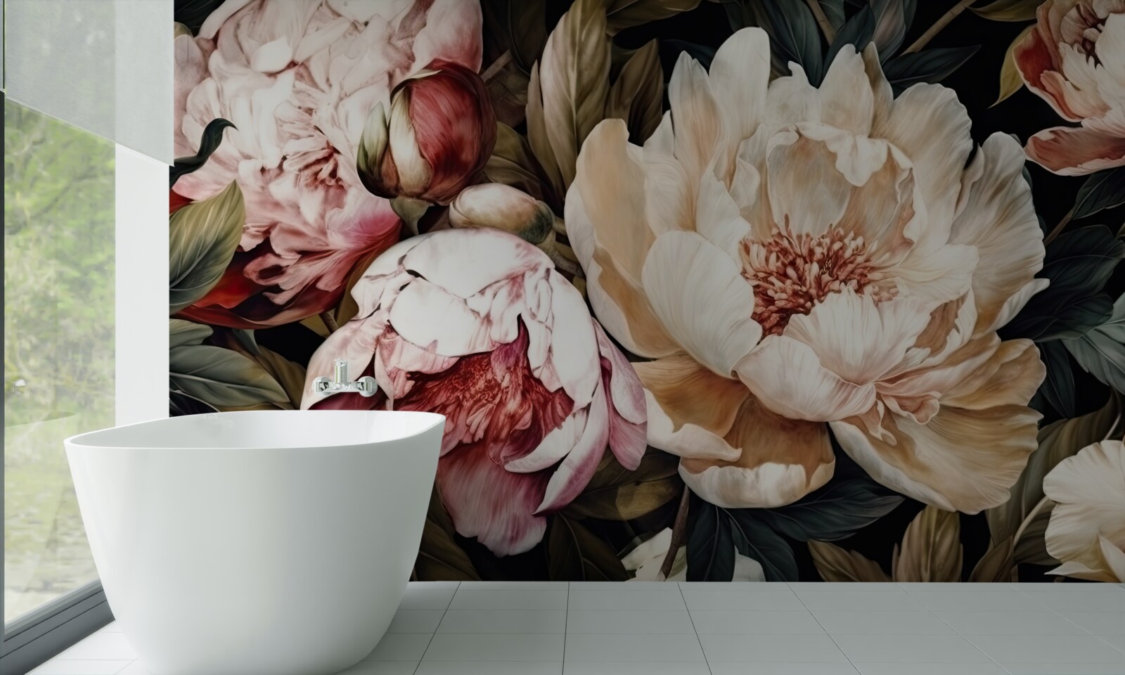 Papier peint grandes fleurs à boutons blancs