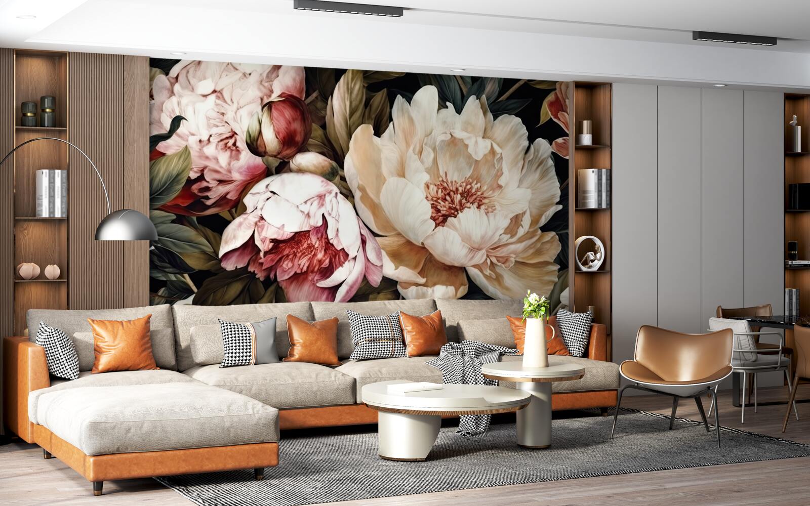 Papier peint grandes fleurs à boutons blancs