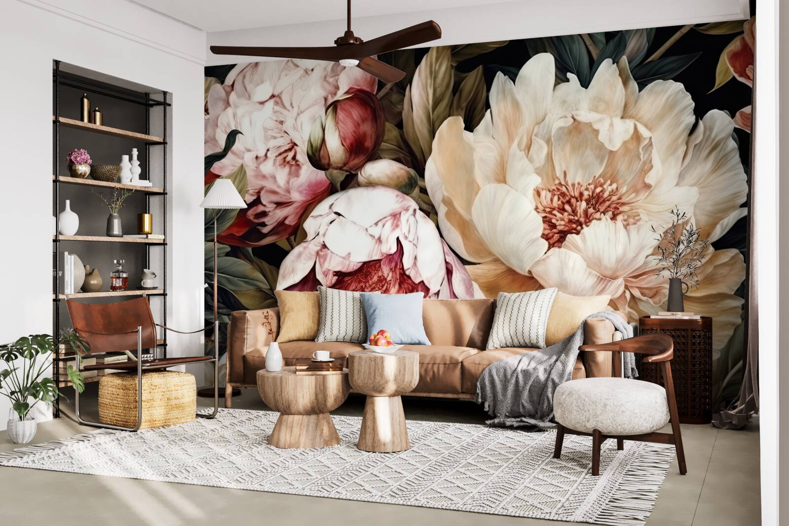 Papier peint grandes fleurs à boutons blancs