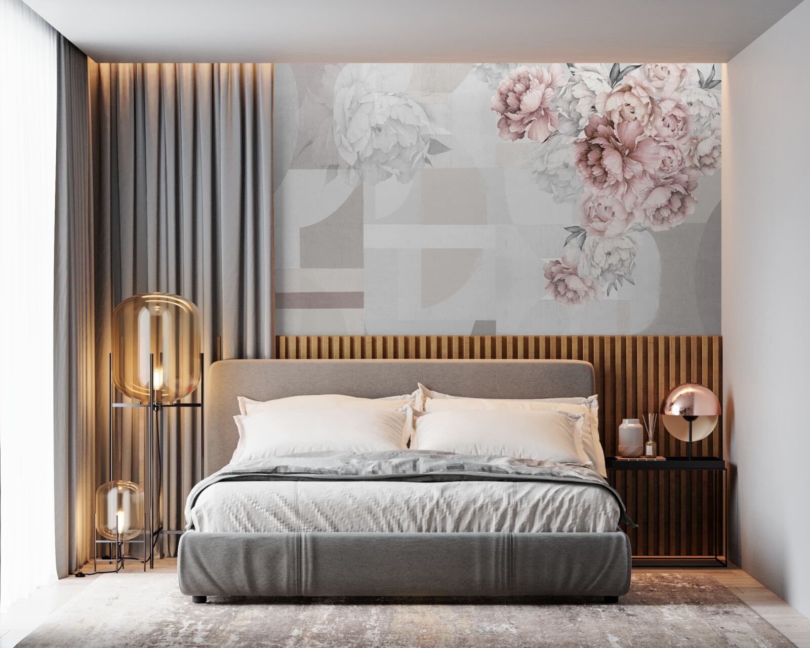 Papier peint grandes fleurs sur fond gris