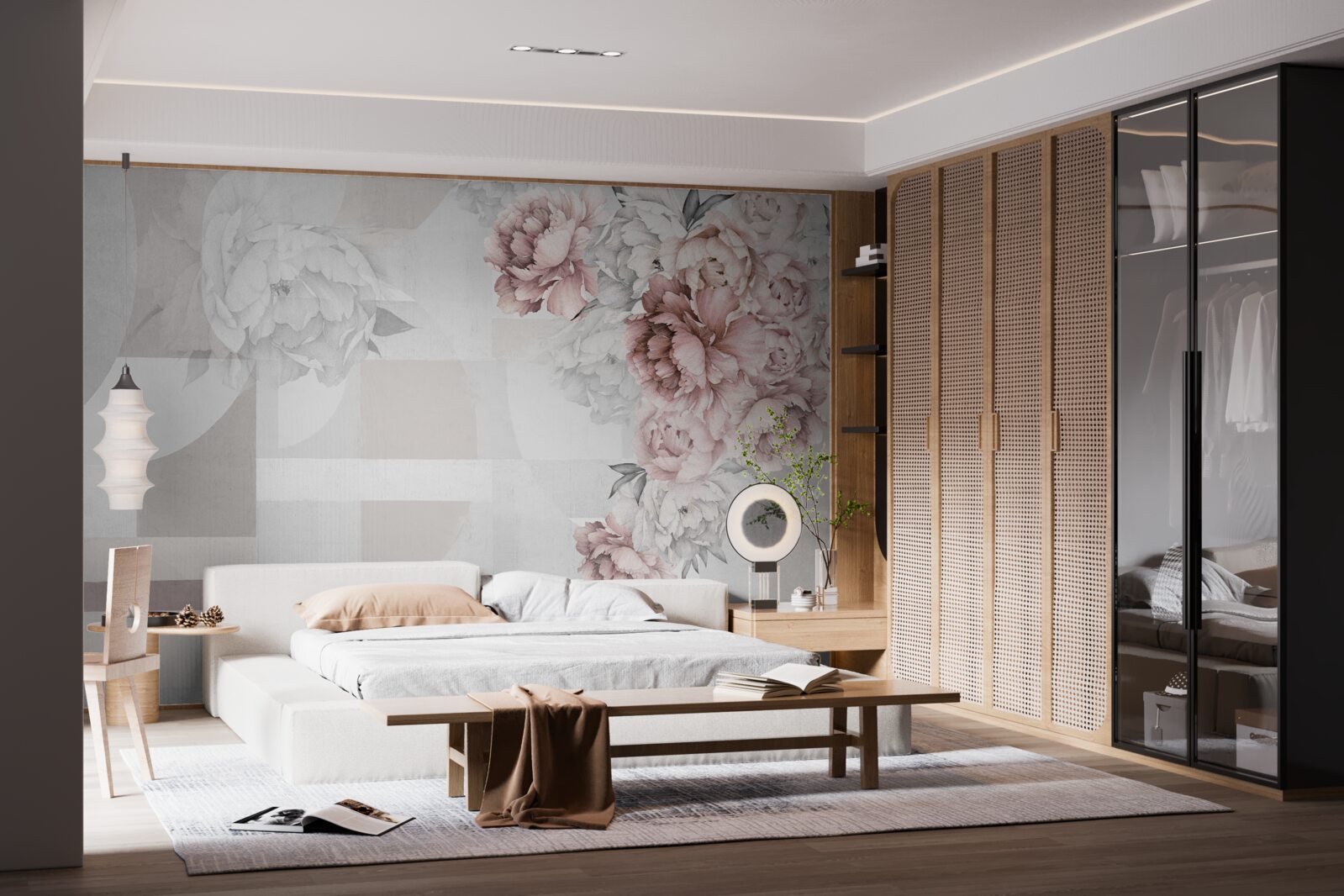 Papier peint grandes fleurs sur fond gris