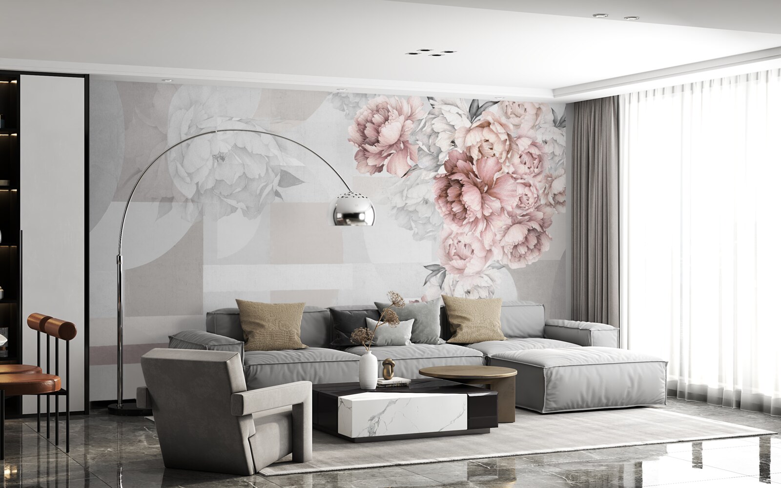 Papier peint grandes fleurs sur fond gris