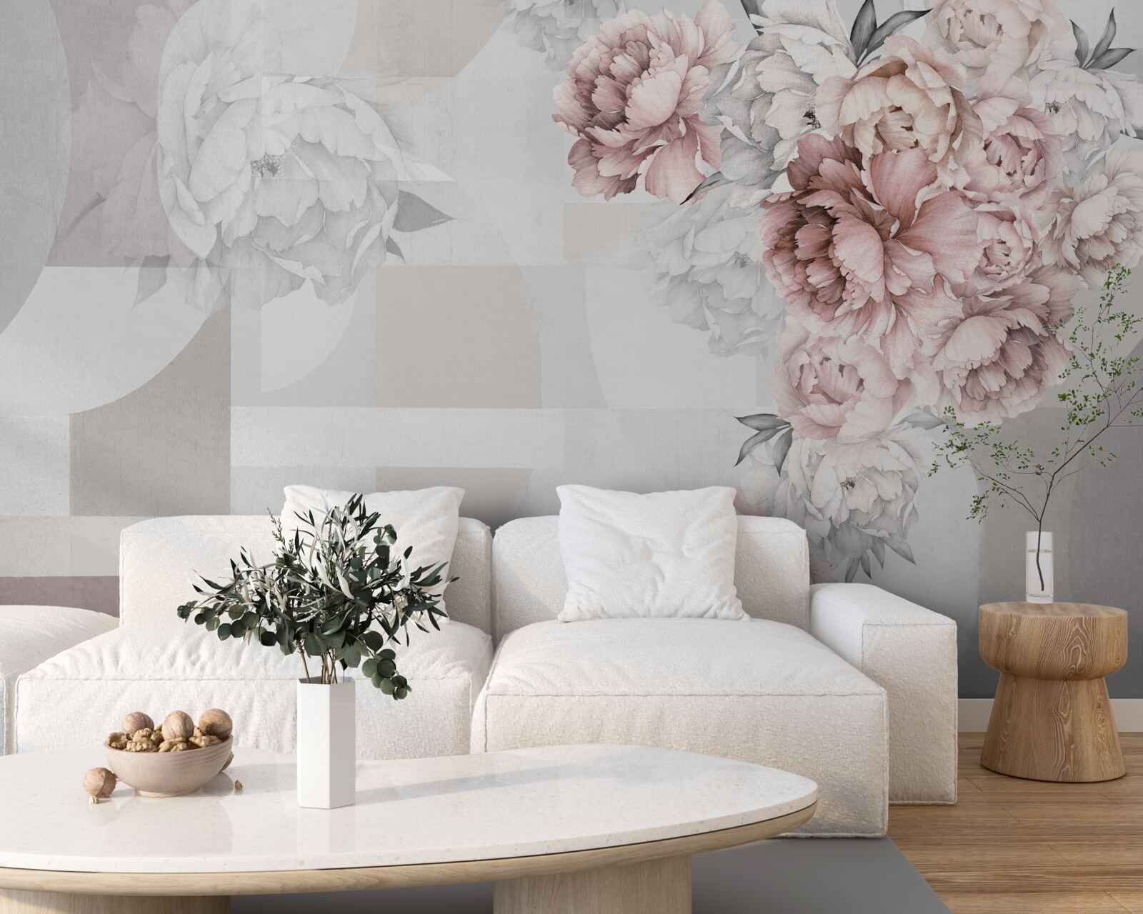 Papier peint grandes fleurs sur fond gris