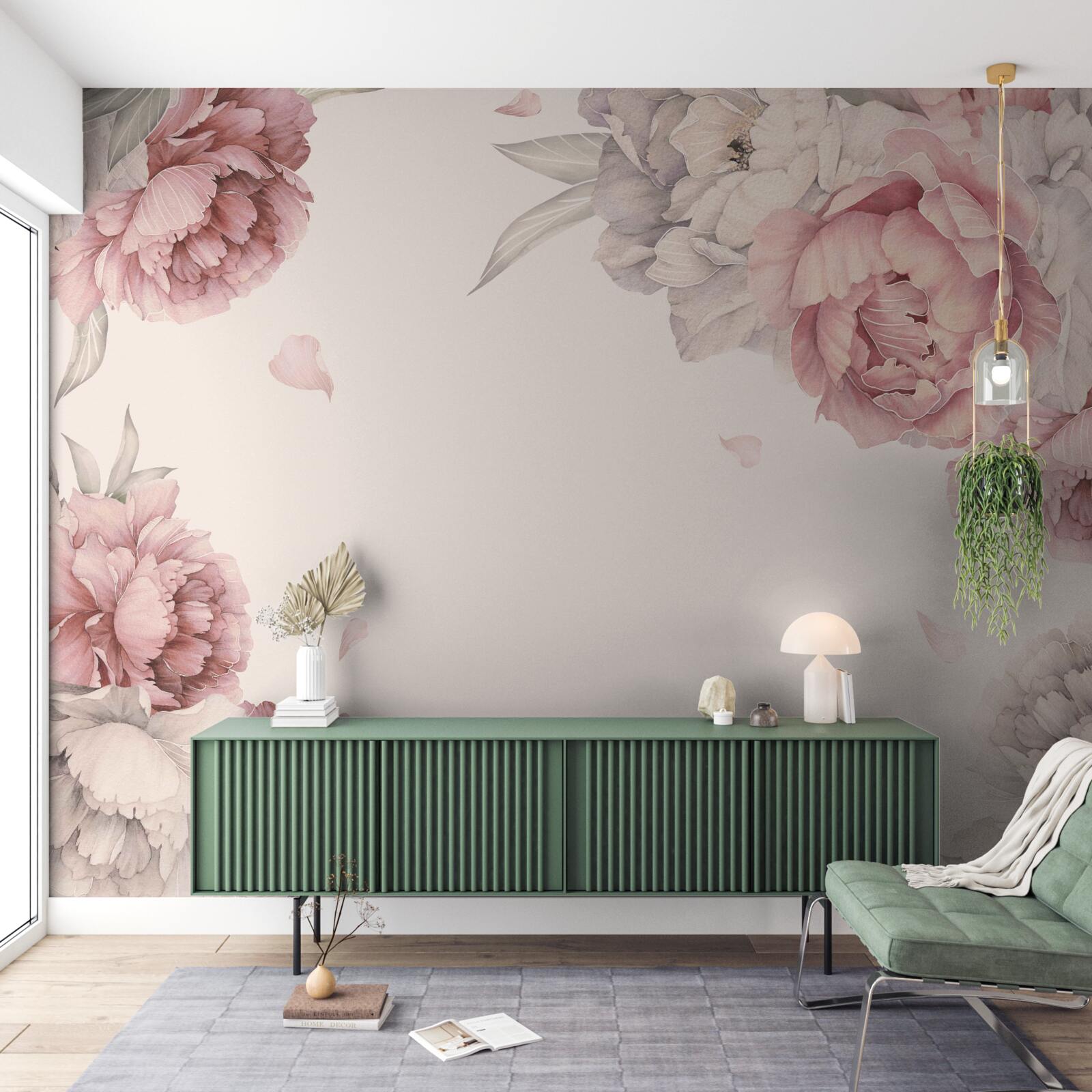 Papier peint de grandes branches de pivoines roses