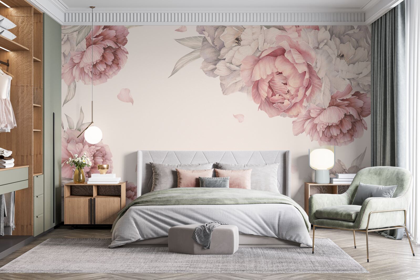 Papier peint de grandes branches de pivoines roses