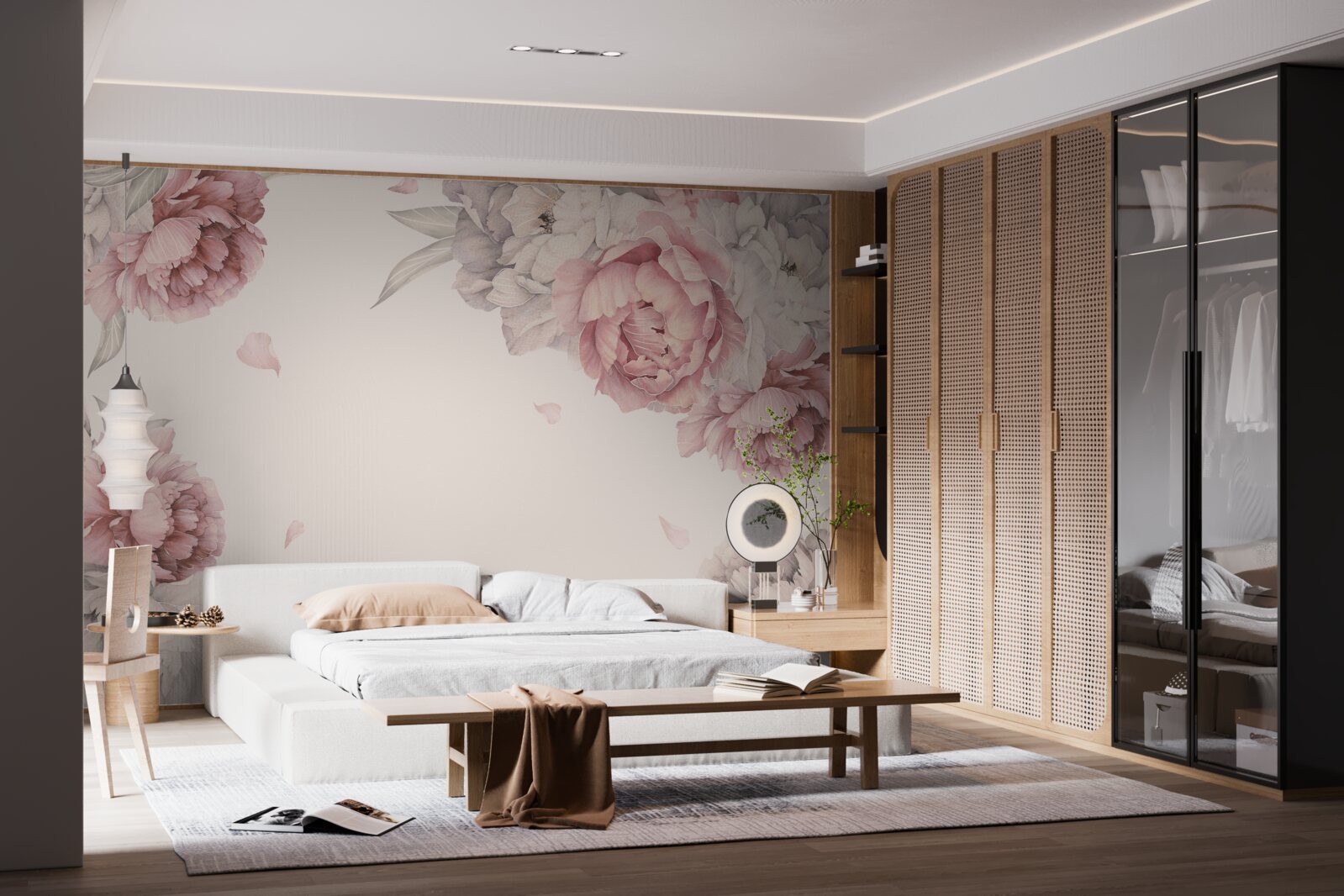 Papier peint de grandes branches de pivoines roses