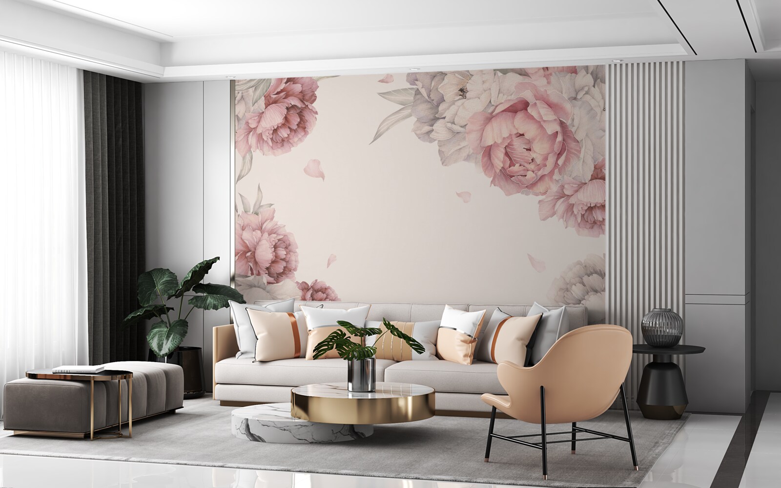 Papier peint de grandes branches de pivoines roses