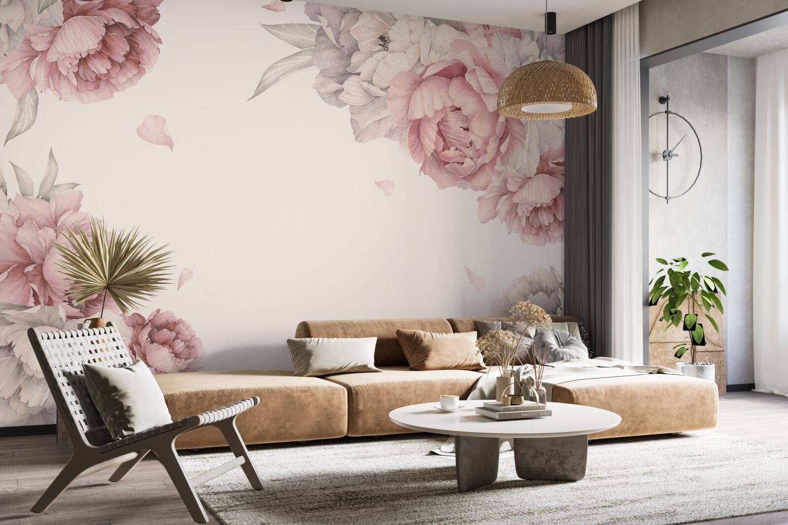 Papier peint de grandes branches de pivoines roses