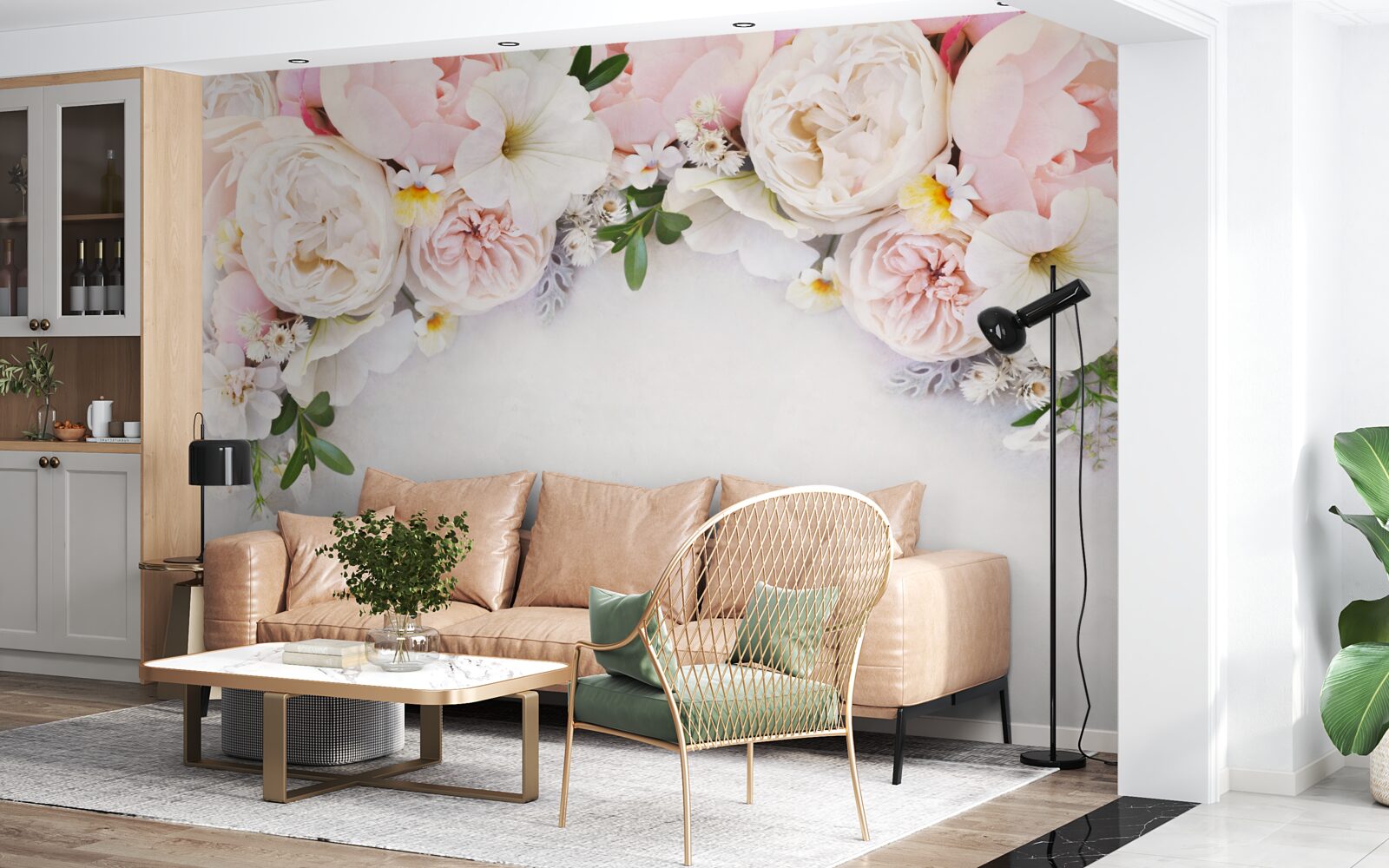 Papier peint une branche de grandes pivoines rose pâle