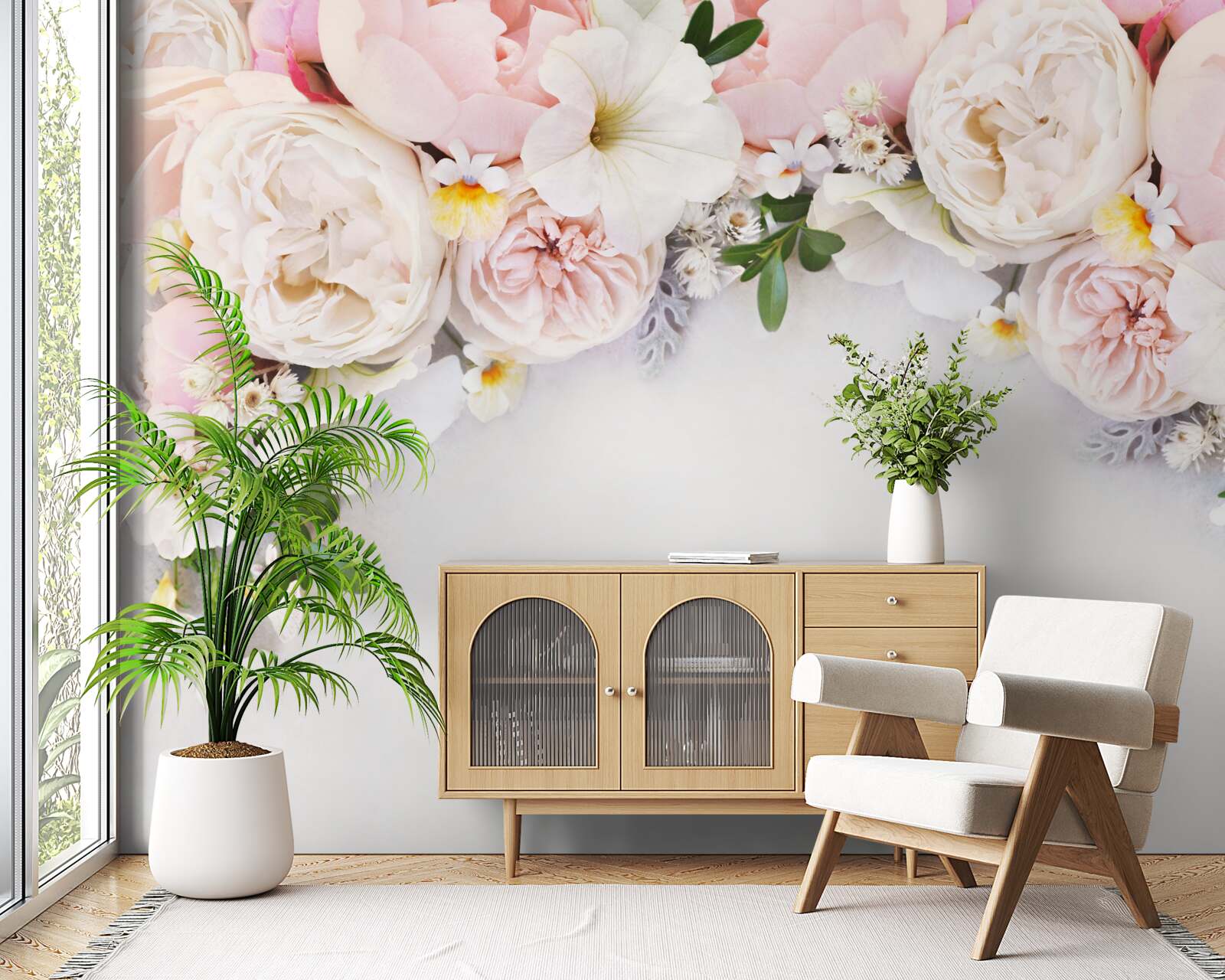 Papier peint une branche de grandes pivoines rose pâle