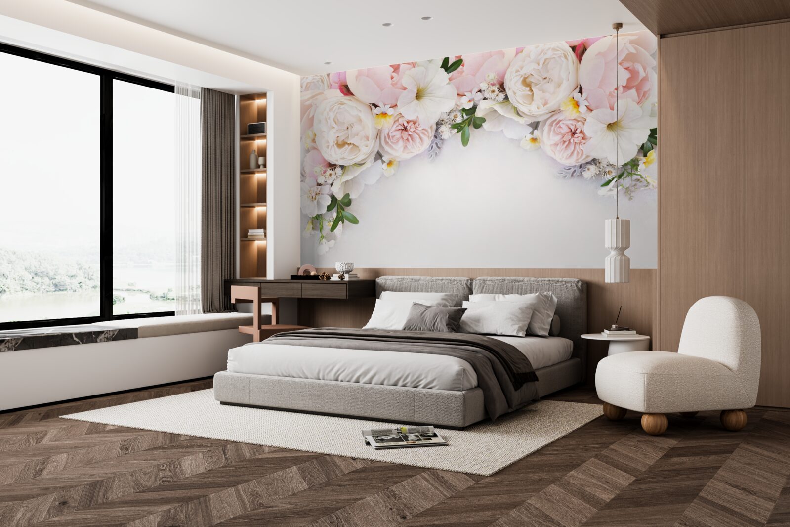 Papier peint une branche de grandes pivoines rose pâle