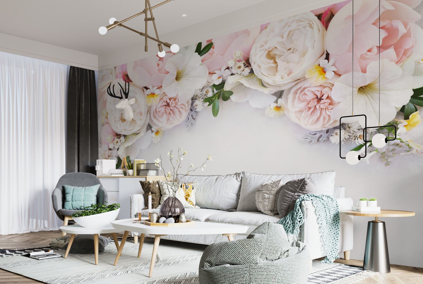 Papier peint une branche de grandes pivoines rose pâle