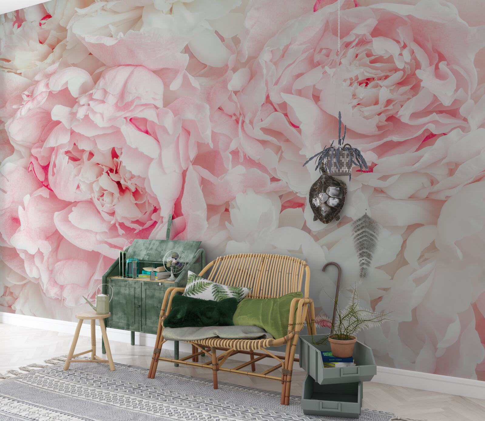 Papier peint fleurs blanches avec de grandes feuilles