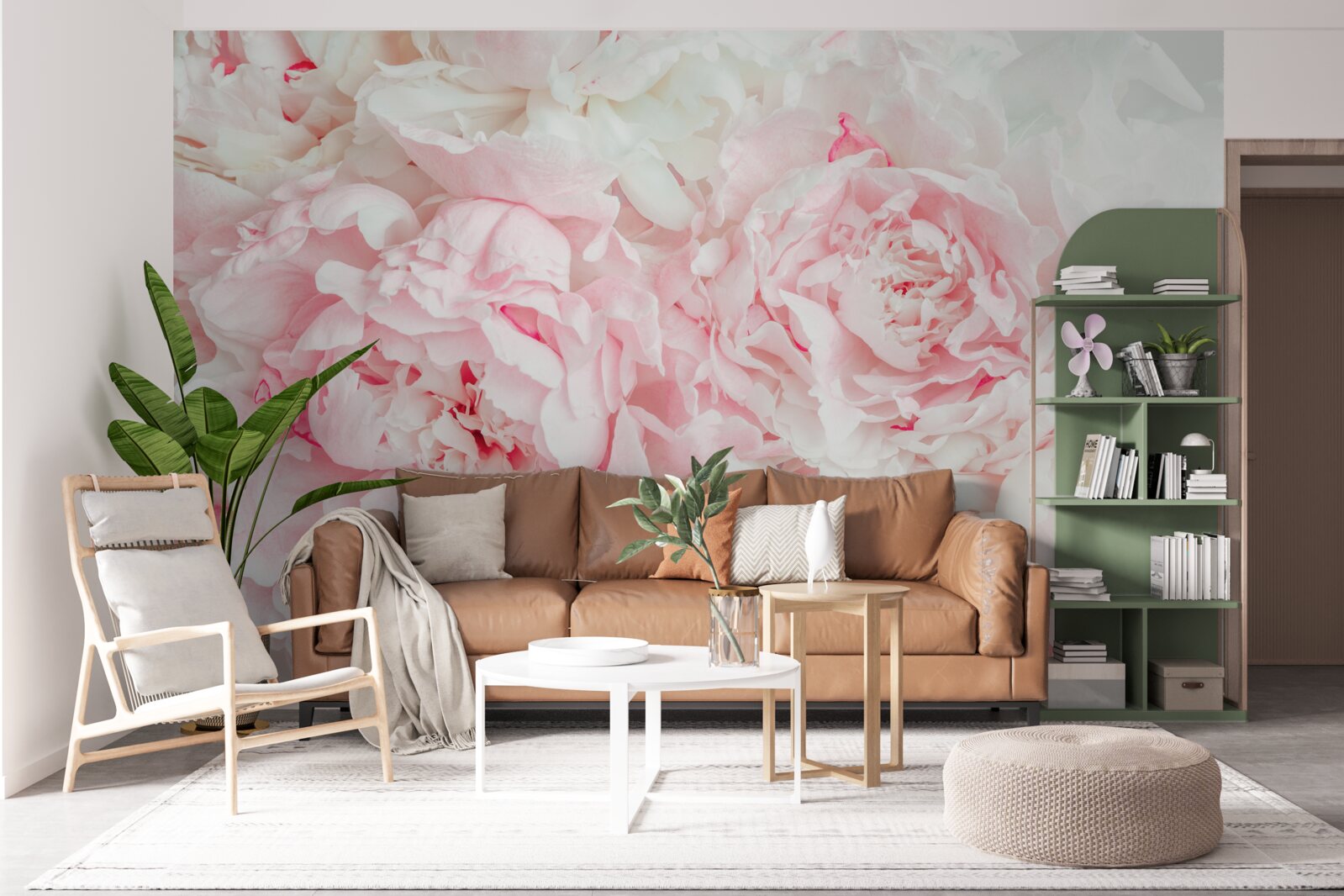 Papier peint fleurs blanches avec de grandes feuilles