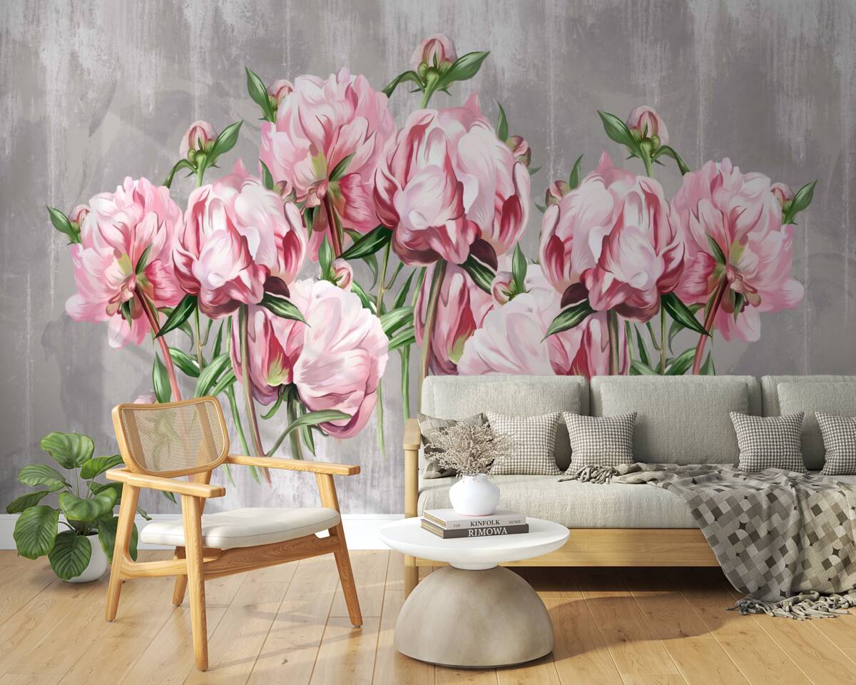 Papier peint temps de pluie et pivoines roses