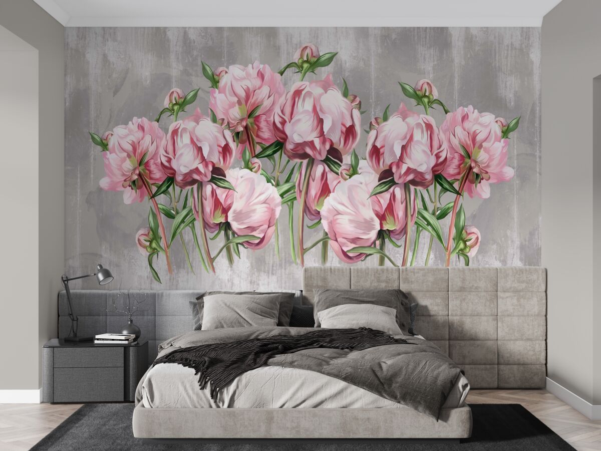 Papier peint temps de pluie et pivoines roses