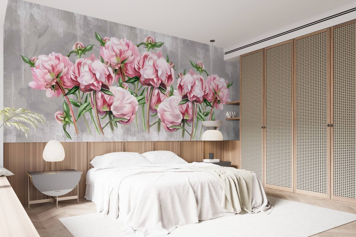 Papier peint temps de pluie et pivoines roses