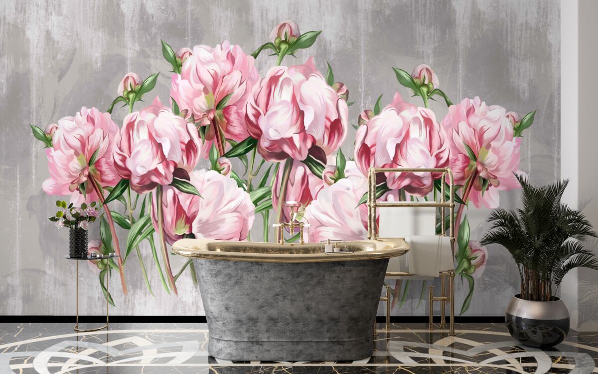 Papier peint temps de pluie et pivoines roses