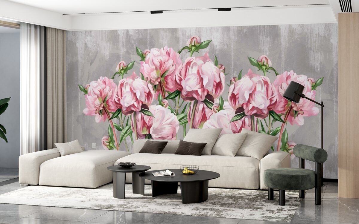 Papier peint temps de pluie et pivoines roses