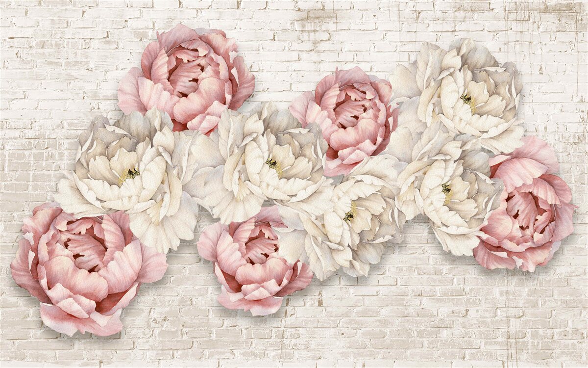 Papier peint le fond en brique est décoré de bourgeons blancs et roses