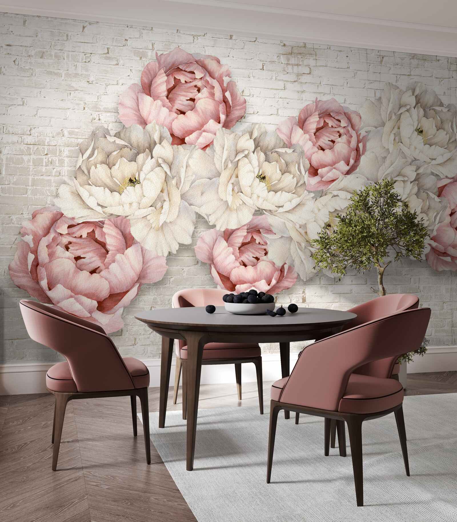 Papier peint le fond en brique est décoré de bourgeons blancs et roses