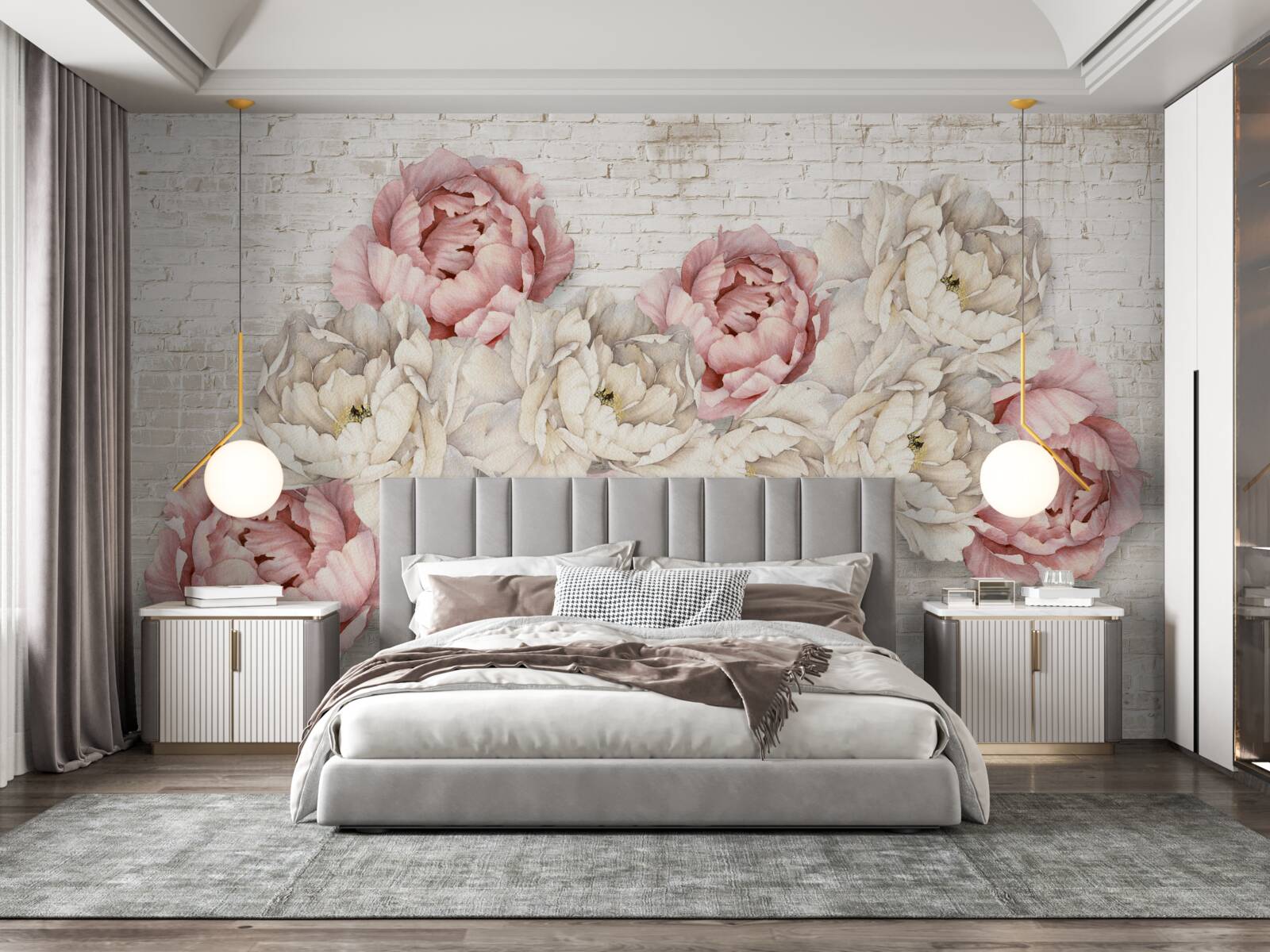 Papier peint le fond en brique est décoré de bourgeons blancs et roses