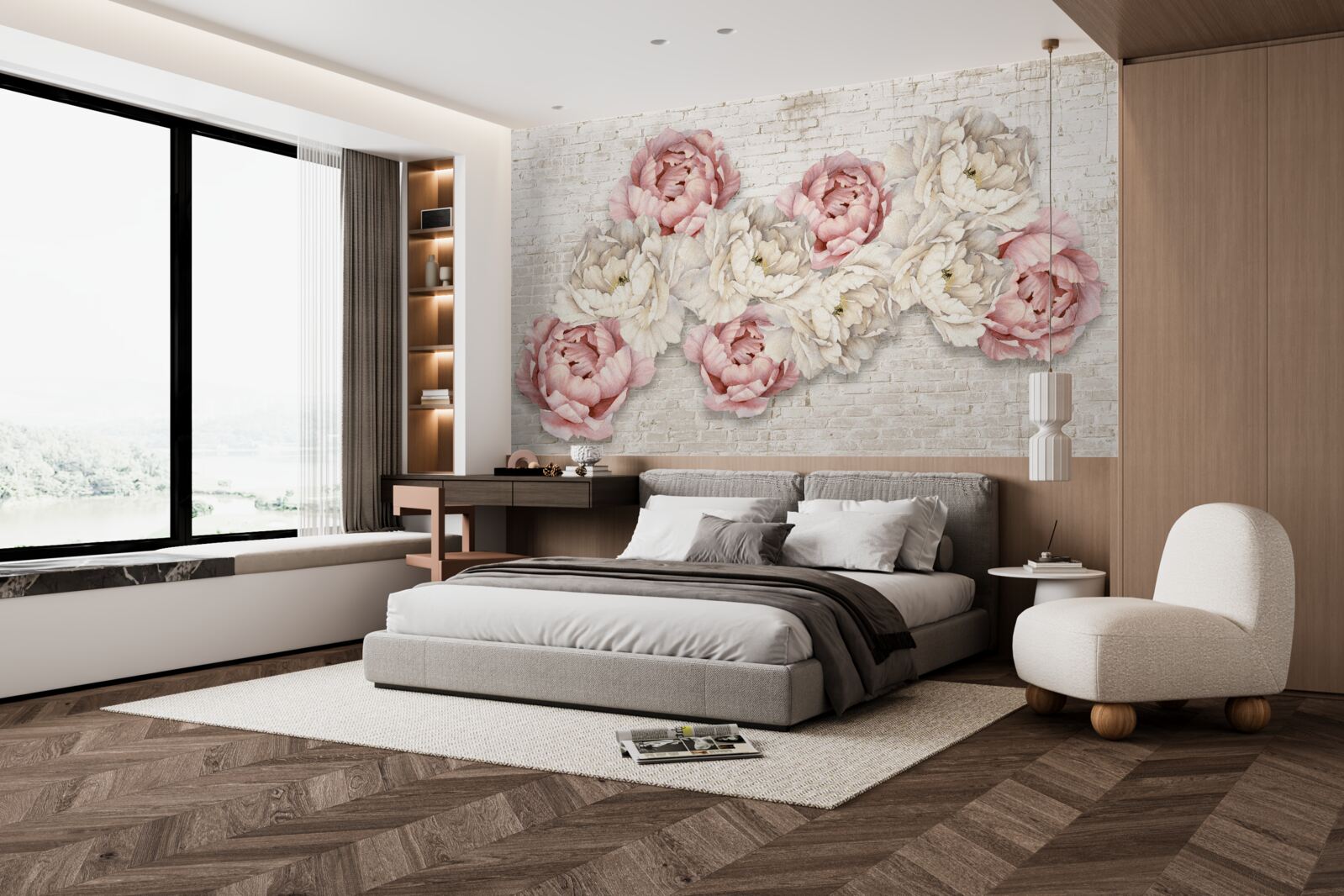 Papier peint le fond en brique est décoré de bourgeons blancs et roses