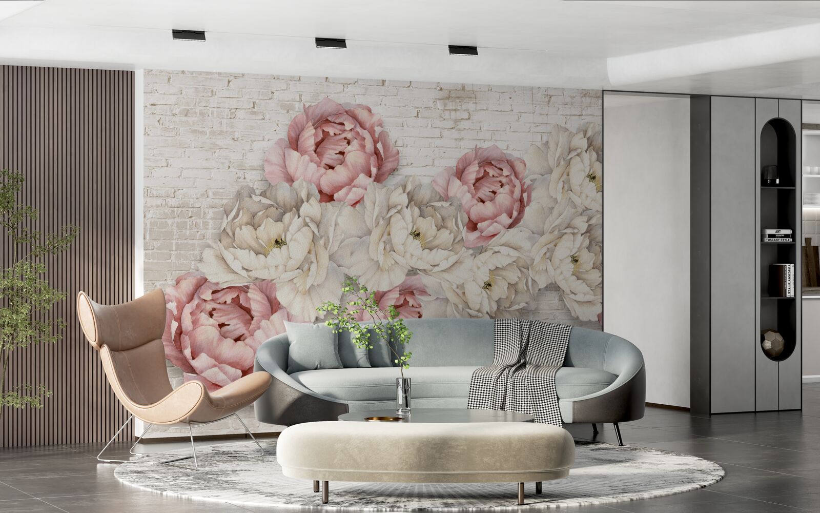 Papier peint le fond en brique est décoré de bourgeons blancs et roses