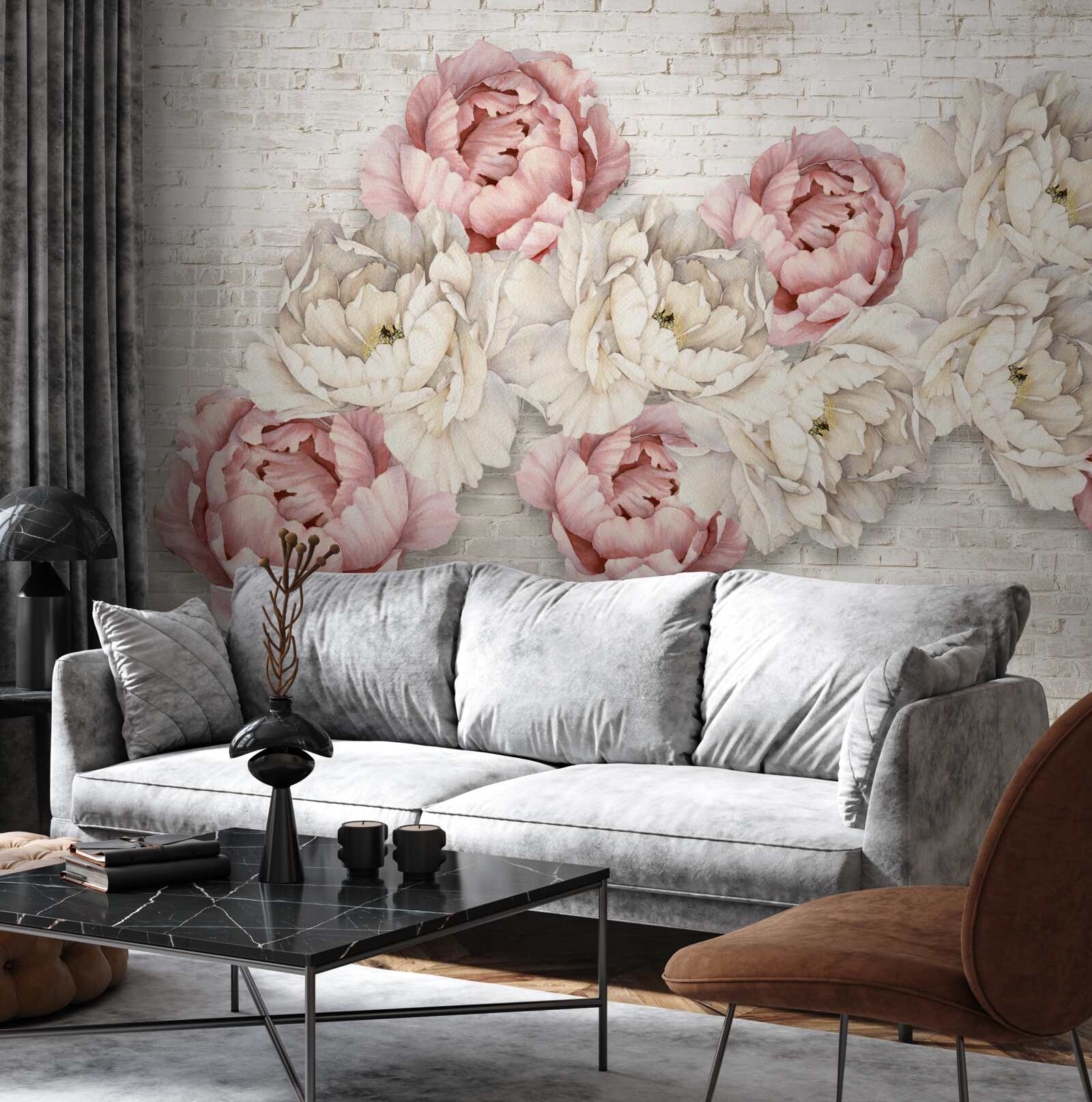 Papier peint le fond en brique est décoré de bourgeons blancs et roses