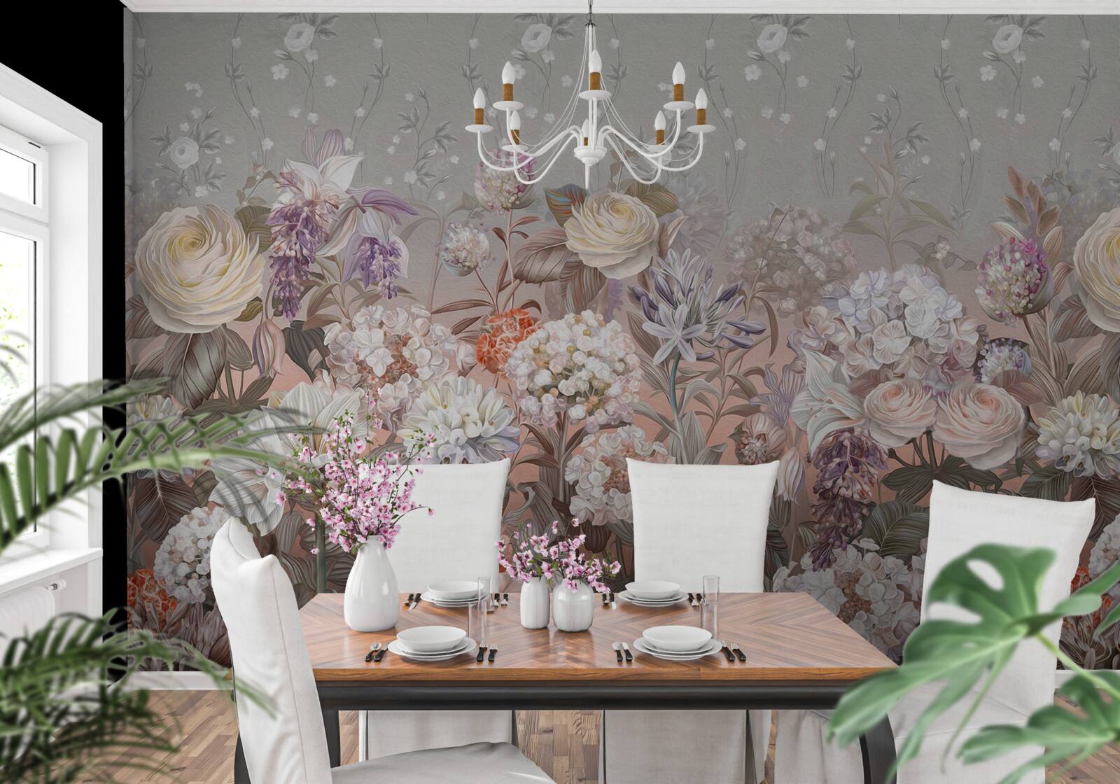 Papier peint fleurs dans un pré sous un ciel nocturne